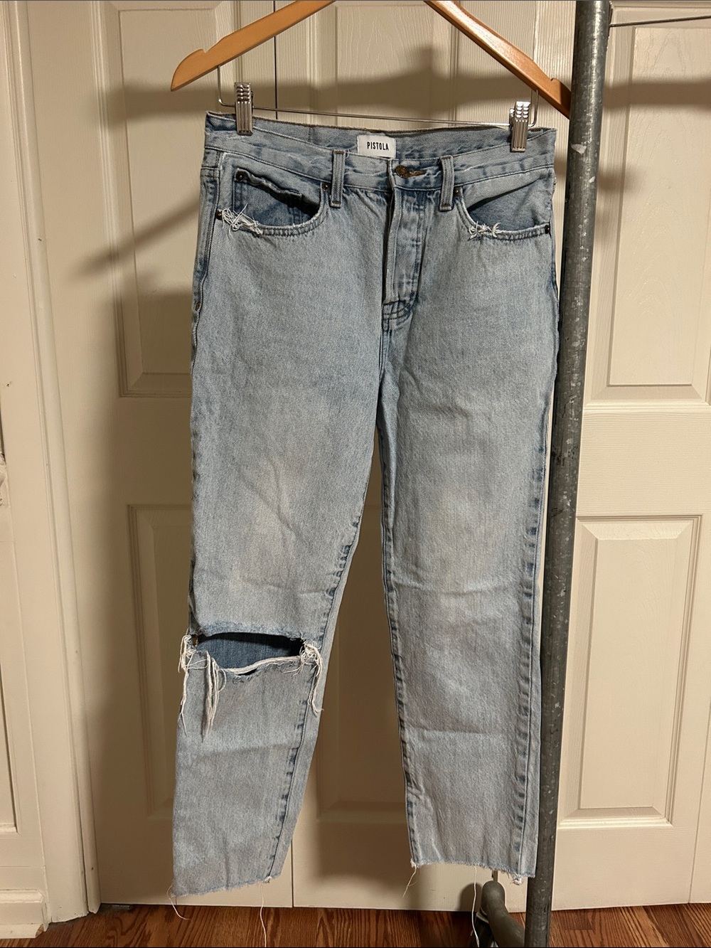 pistola Light Blue Distressed Straight Leg Jeans button up fly 28